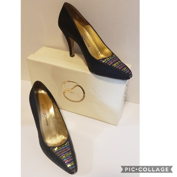 ST.John Black & Multi Color Emblished Satin Pumps - Picture 4 of 8